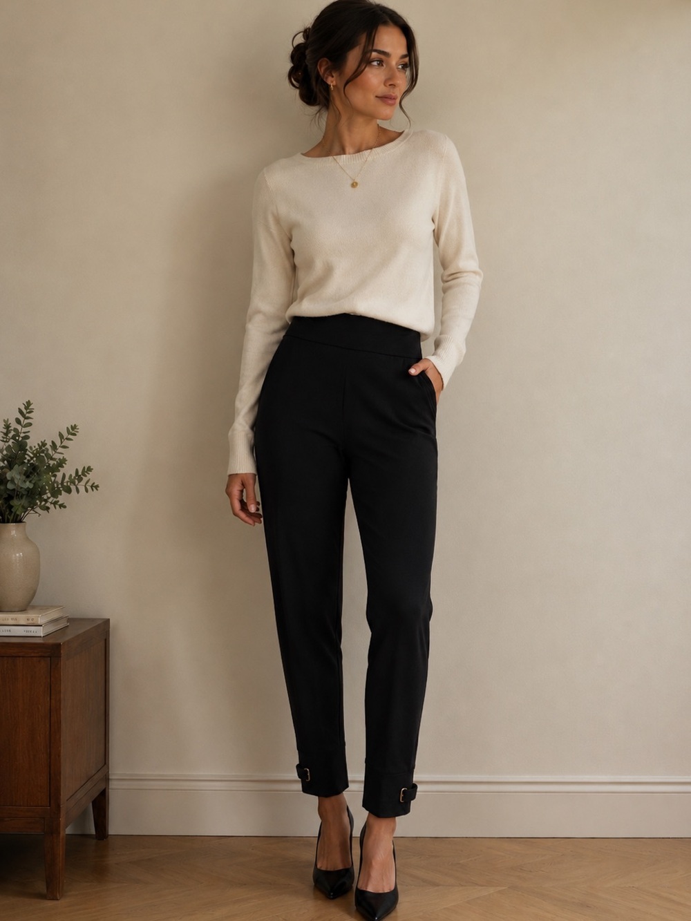 Susan Graver Weekend Black Ponte Ankle pants with Cuff Buckles